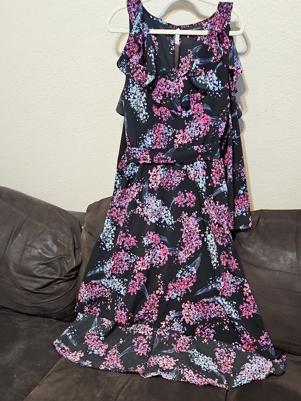 Lane Bryant Cold Shoulder Black High Low Dress w/ Pink & Light Blue Floral Print